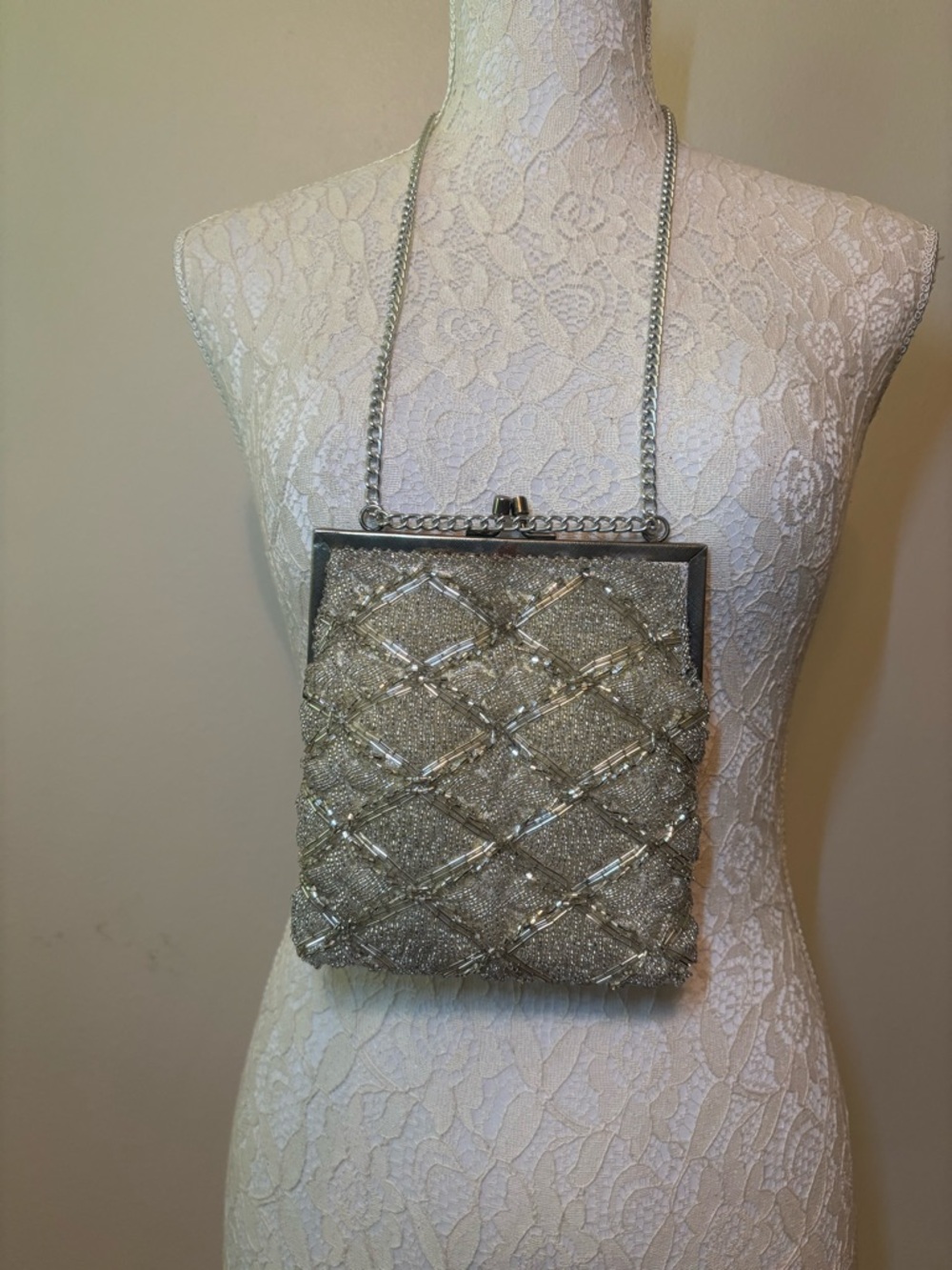 Beaded Silver Evening Clutch with Chain Strap